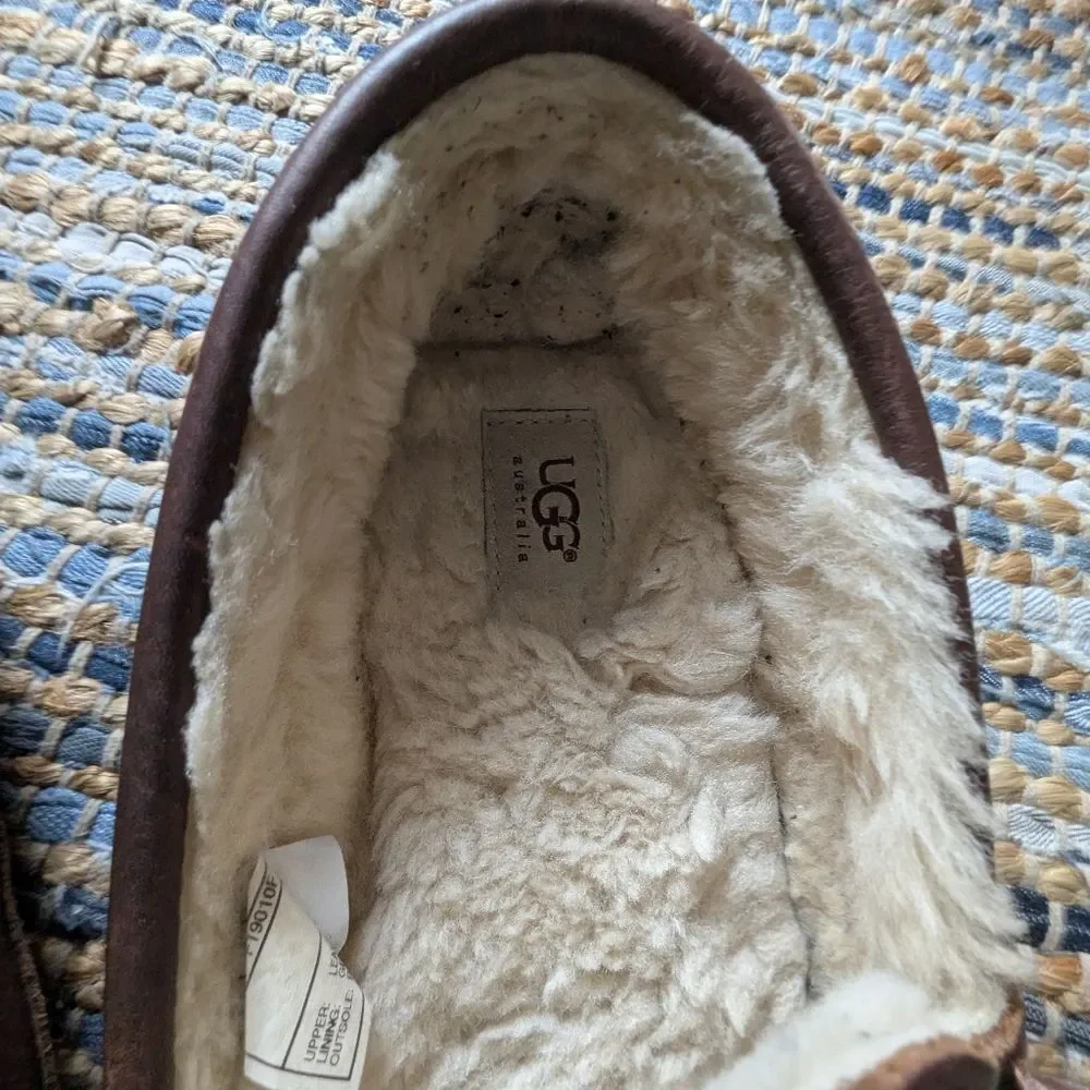 UGG Brown Leather Shearling Lined Loafers 11 Slippers Moccasin Sheepskin Warm Co